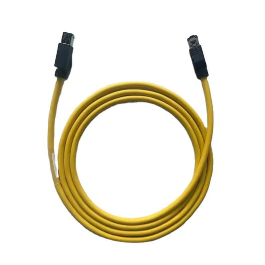 Industrial yellow MECHATROLINK-III cable with shielded black RJ45 connectors on a white background.
