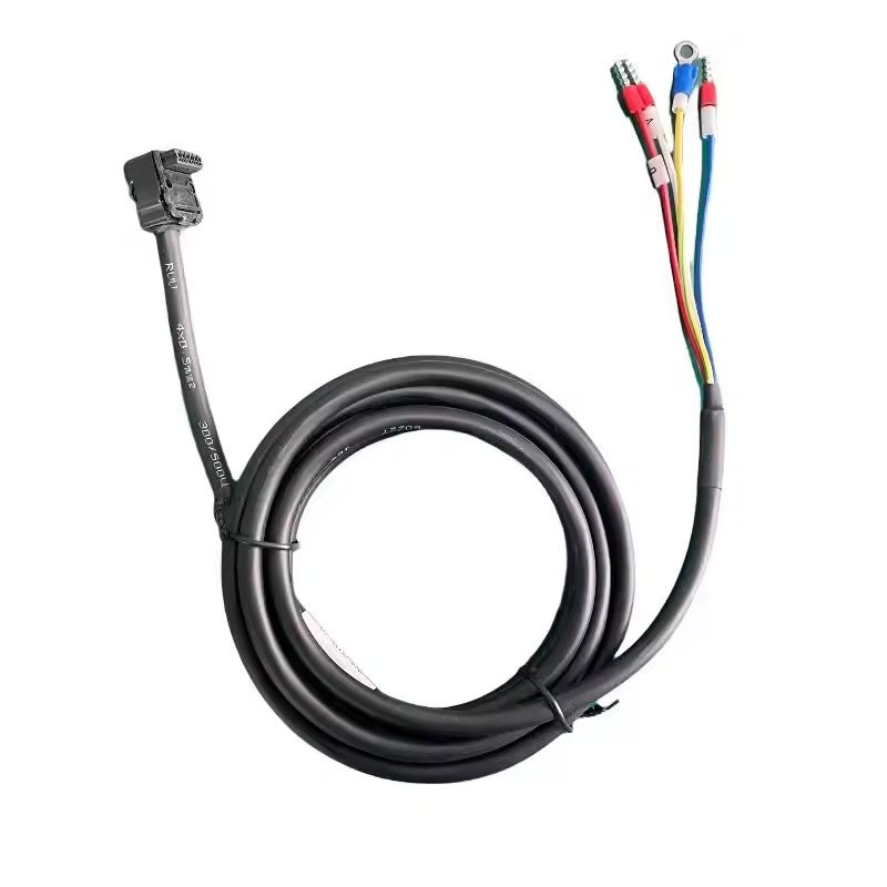 Custom JZSP-CSM01-03-E wire harness for Yaskawa Sigma-7 systems featuring labeled U, V, W, and PE terminals for accurate phase identification.