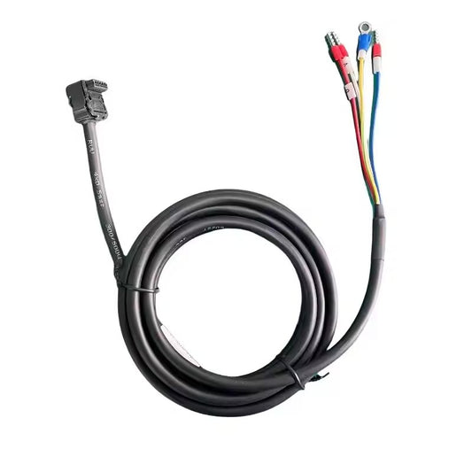 Custom JZSP-CSM01-03-E wire harness for Yaskawa Sigma-7 systems featuring labeled U, V, W, and PE terminals for accurate phase identification.