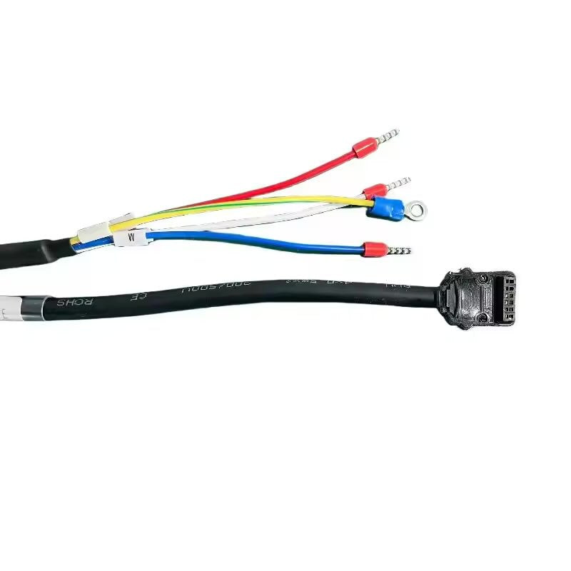 High-flex motion control power cable assembly with industrial-grade 6-pin latching connector and VW-1 rated heat shrink protection.