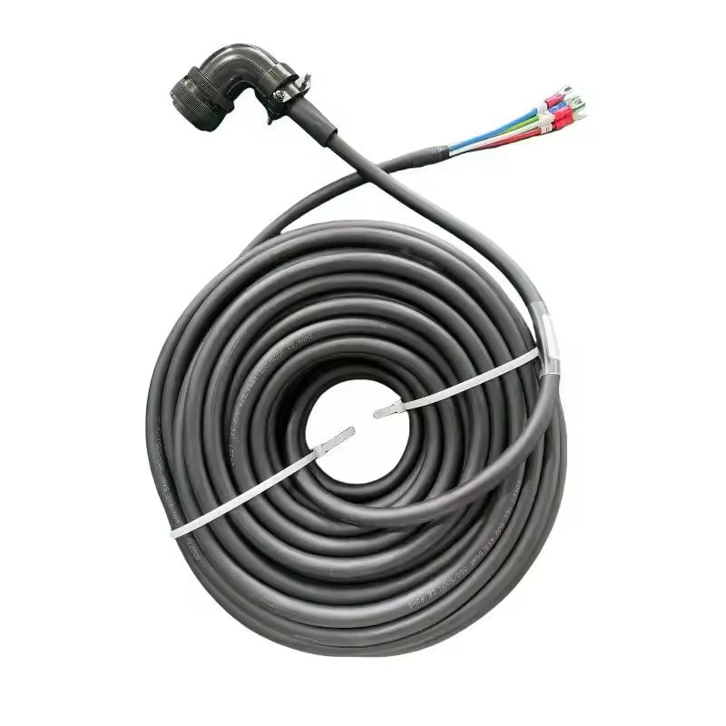 Industrial black high-power servo cable with a right-angle 4-pin circular connector and labeled fork terminal leads.