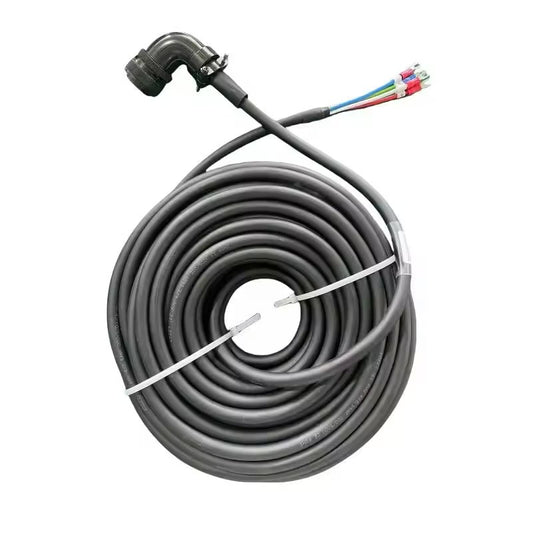 Industrial black high-power servo cable with a right-angle 4-pin circular connector and labeled fork terminal leads.