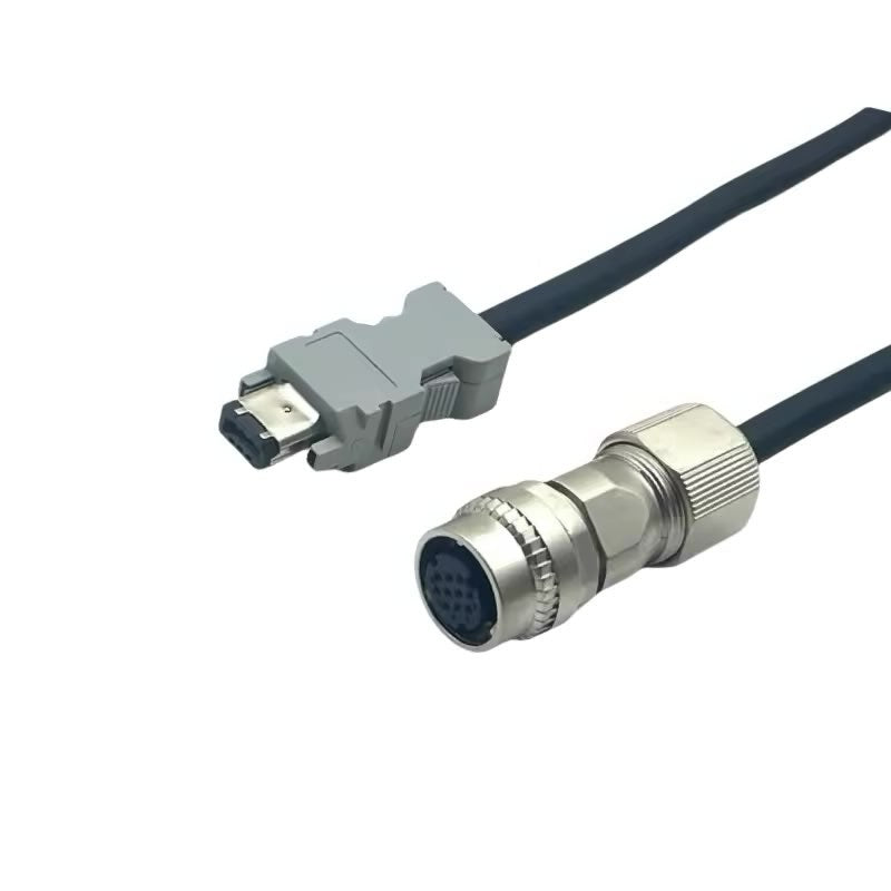 Complete coiled JZSP-CVP01-03-E servo encoder cable assembly.