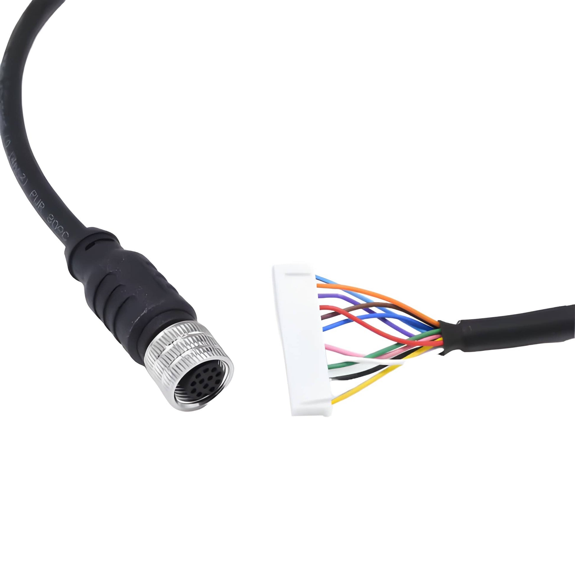 IP67 waterproof M12 sensor-actuator wire harness with a 12-pole female plug and internal PCB-mount connector.