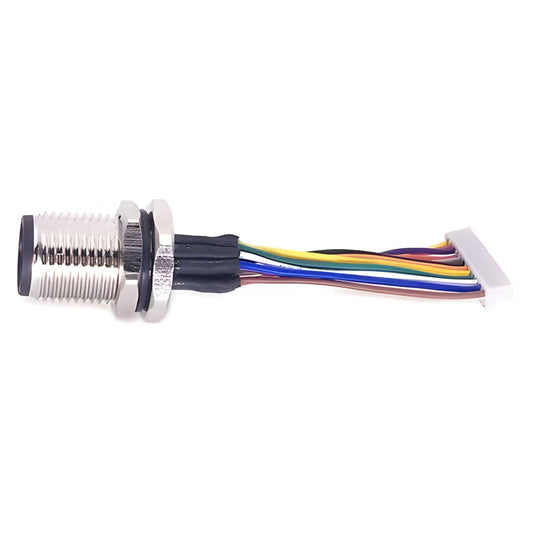 M12 12-pin male front mount socket with a multi-color wire harness terminating in a white JST PH1.25 connector.