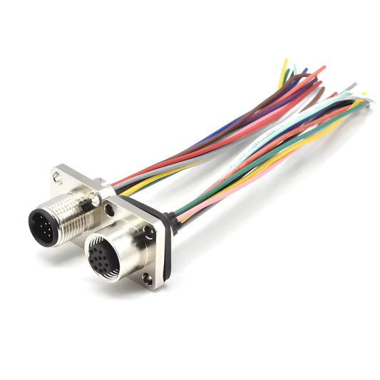 Industrial M12 12-pin male and female square flange panel mount connectors with multi-color discrete wire leads.