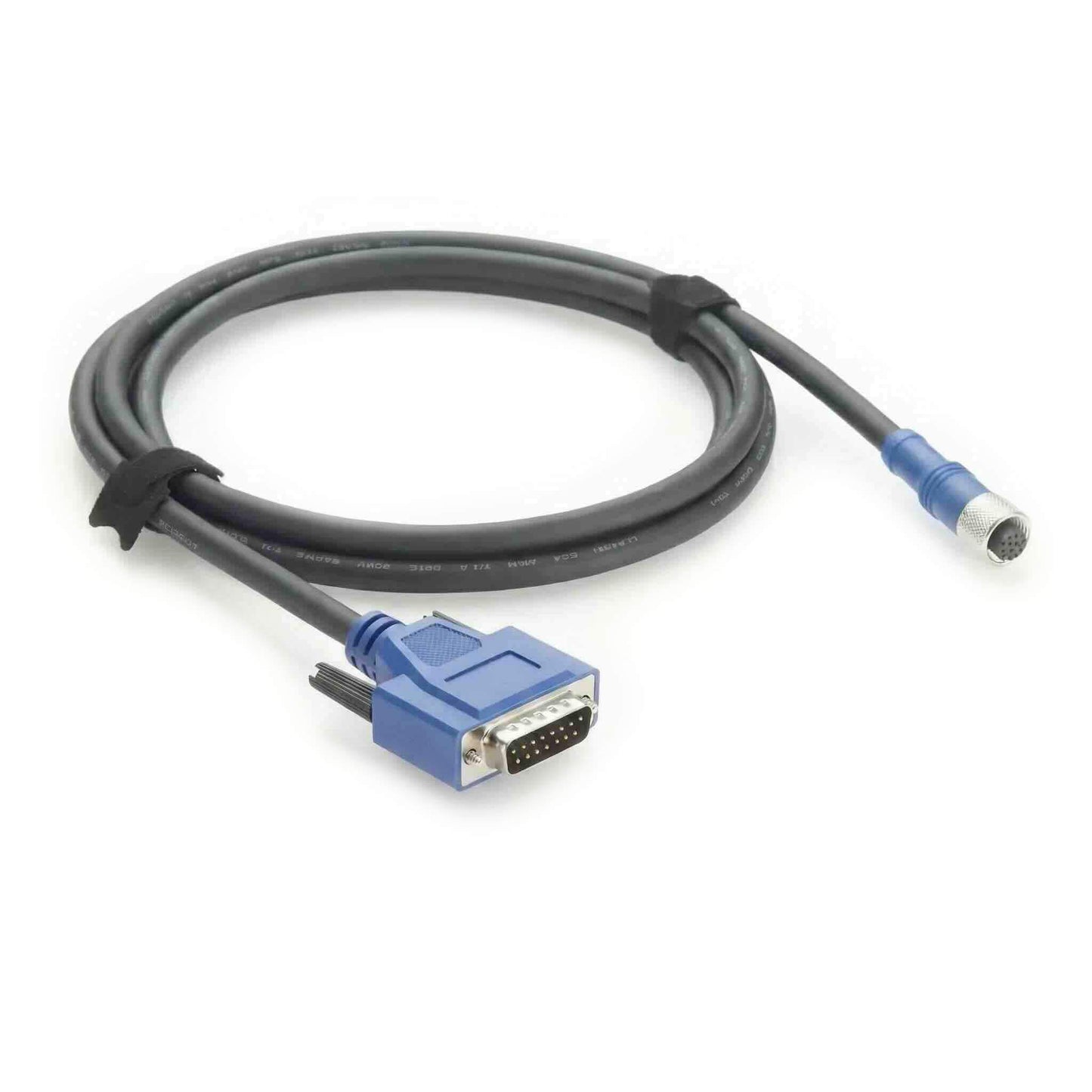 Industrial cable assembly featuring a 12-pin M12 female circular connector and a blue DB15 male D-sub connector on a black shielded cable.