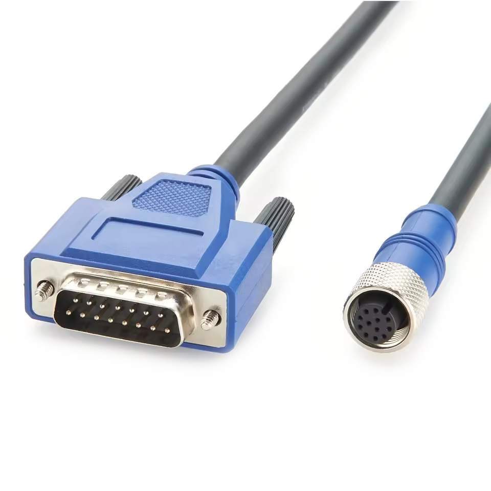 Custom M12 to DB15 I/O power wire harness for machine vision camera integration and automated controller communication.