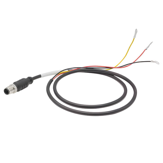M12 3-pin straight male circular connector with a black cable terminating in three color-coded wires with ring terminals.