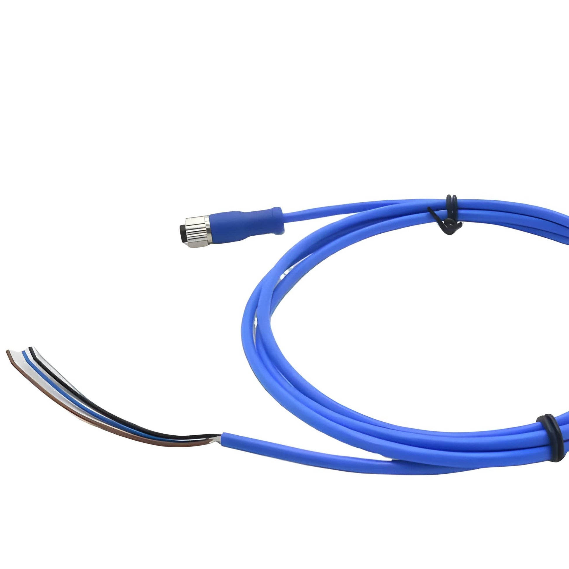 Custom waterproof cable assembly featuring M12 threaded female plug and 4-wire pigtail termination.