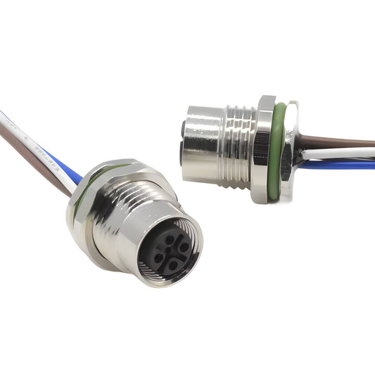 Front-fastened M12 5-pin female panel mount socket with green O-ring seal and multi-color wire pigtails.