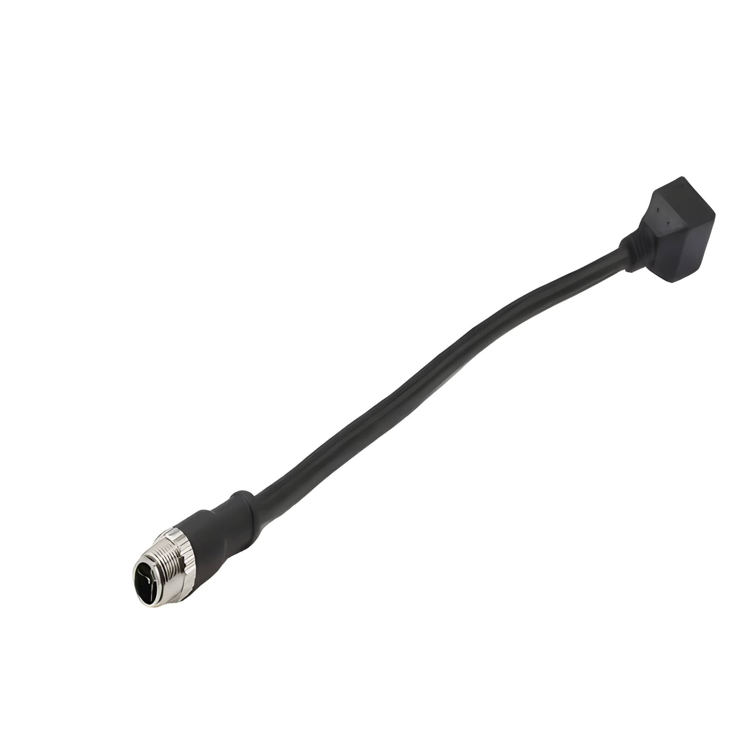 Industrial M12 8-pin X-code male circular connector and a shielded black RJ45 Ethernet plug on a high-flex cable.