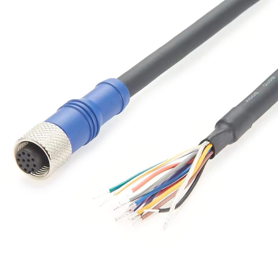 Custom M12 to open end I/O trigger and power wire harness compatible with Cognex DS1000 series sensors.