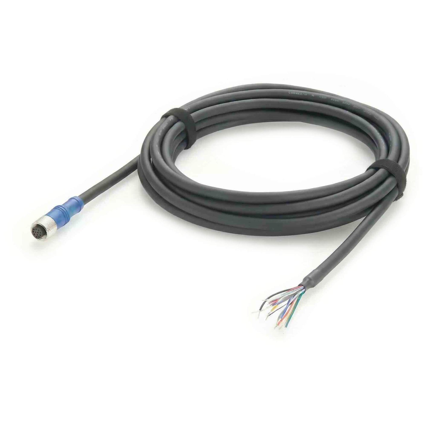 Industrial M12 12-pin A-coded circular connector on a black shielded cable with color-coded flying leads for machine vision.