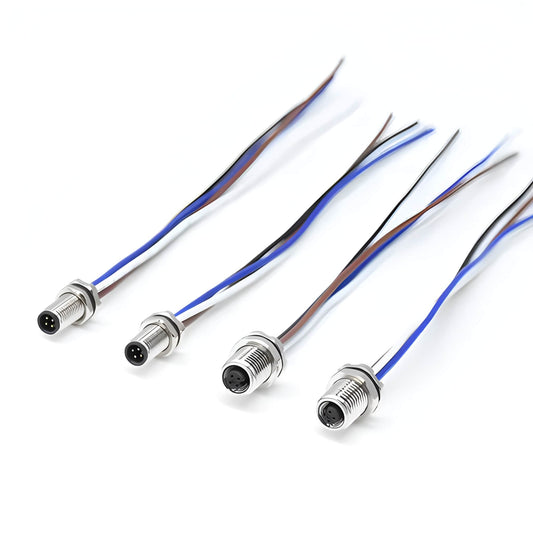 Miniature M5 4-pin male and female panel mount sockets with silver threaded housings and green O-ring seals.