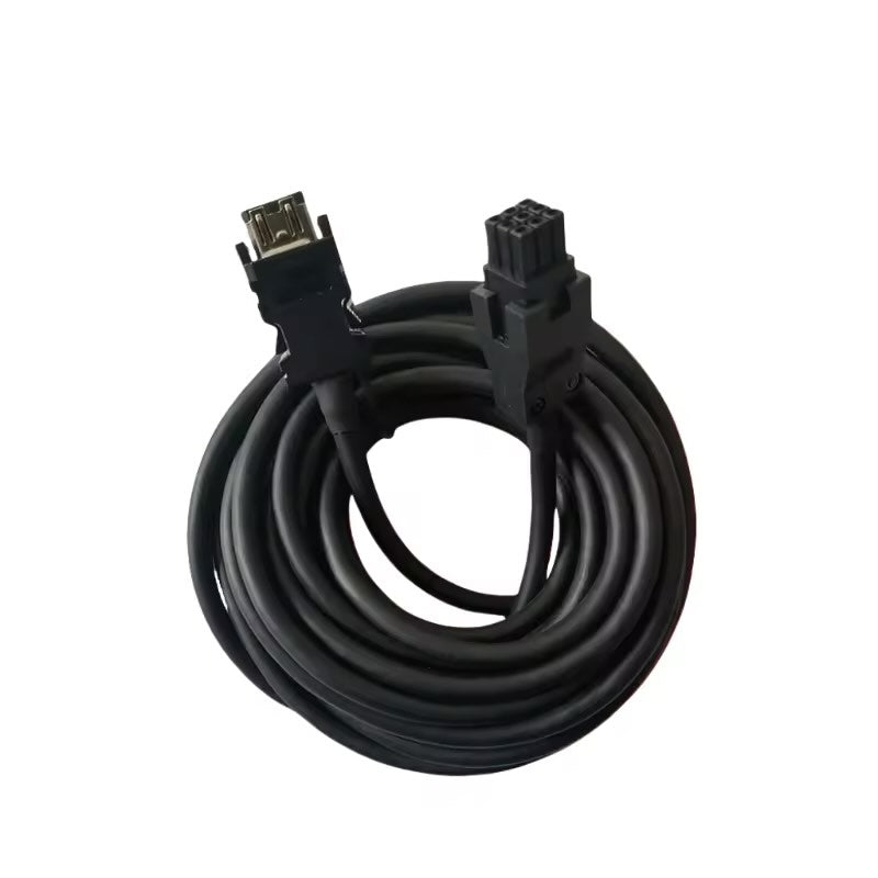 Industrial black Mitsubishi encoder cable with a shielded metal connector and a 10-pin rectangular plug on a white background.