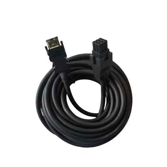 Industrial black Mitsubishi encoder cable with a shielded metal connector and a 10-pin rectangular plug on a white background.
