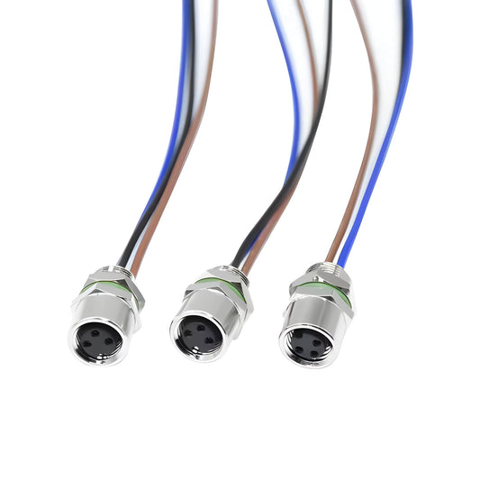 M8 3-pin A-code female panel mount circular socket with threaded silver housing and discrete wire leads.