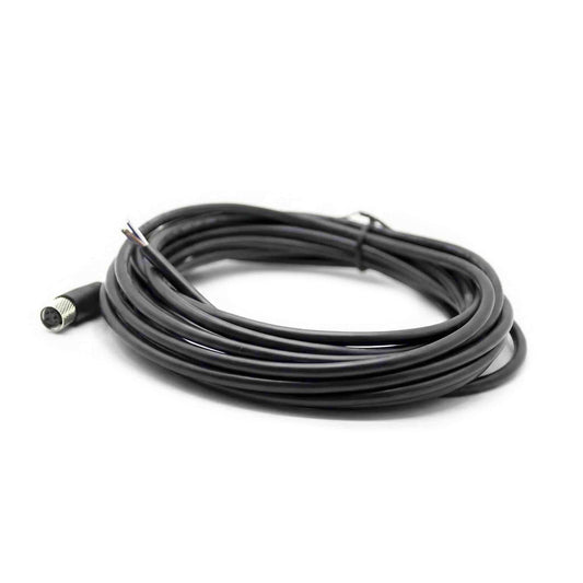 Straight M8 4-pin female overmolded connector with blue cable and color-coded open wire leads.