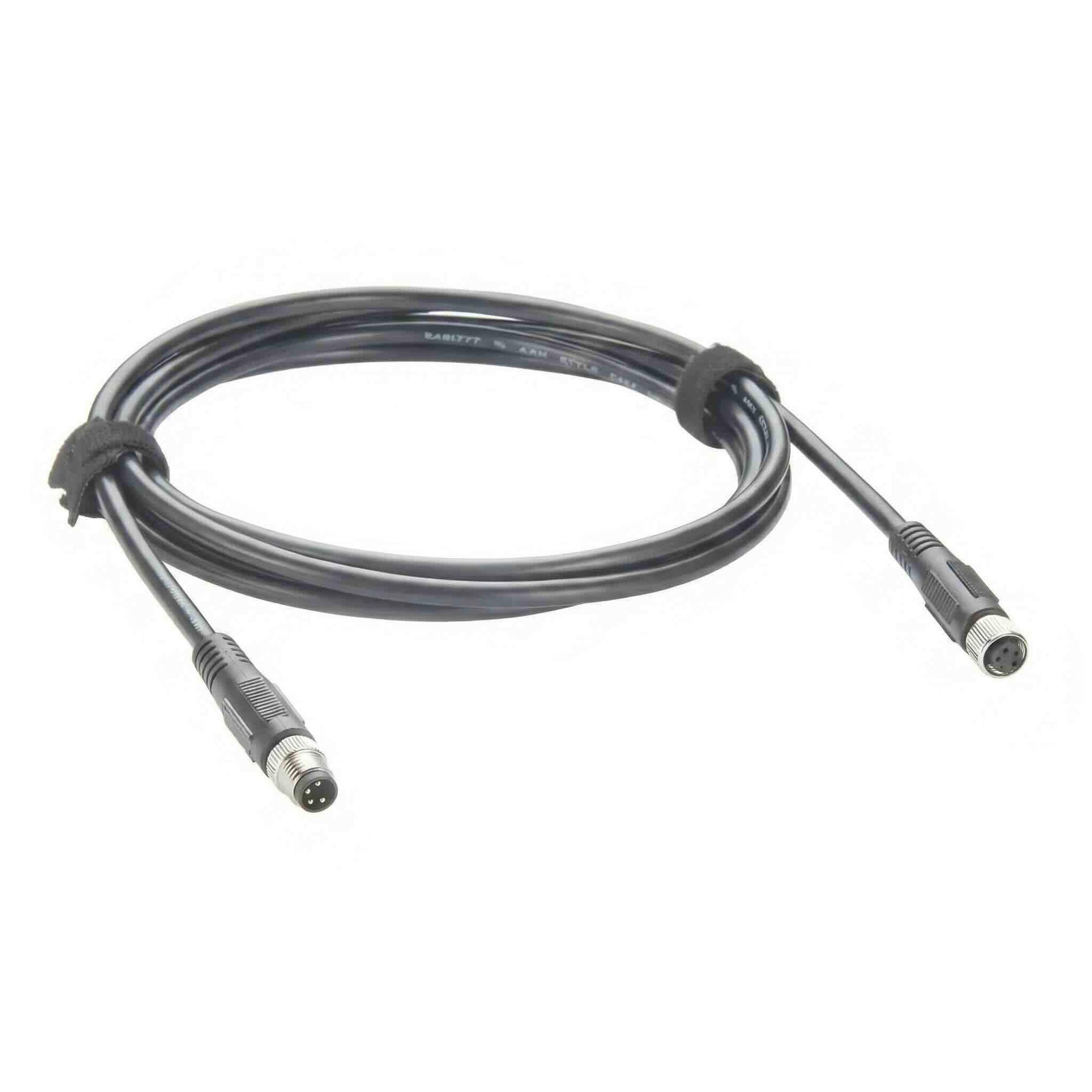 Industrial M8 4-pin male to female circular connector extension cable assembly on a white background.