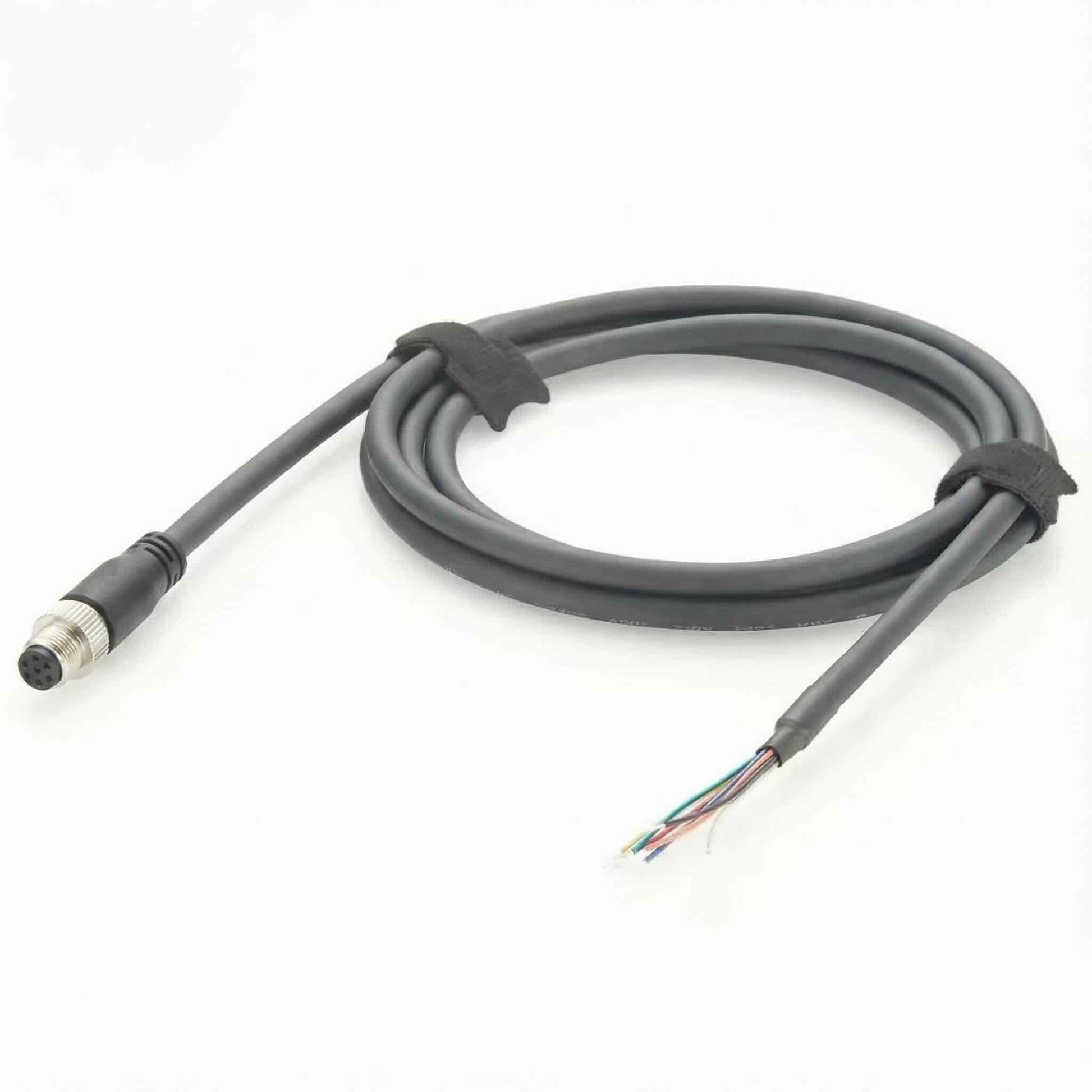 Industrial M8 8-pin male circular connector on a black shielded cable with stripped, color-coded flying leads.