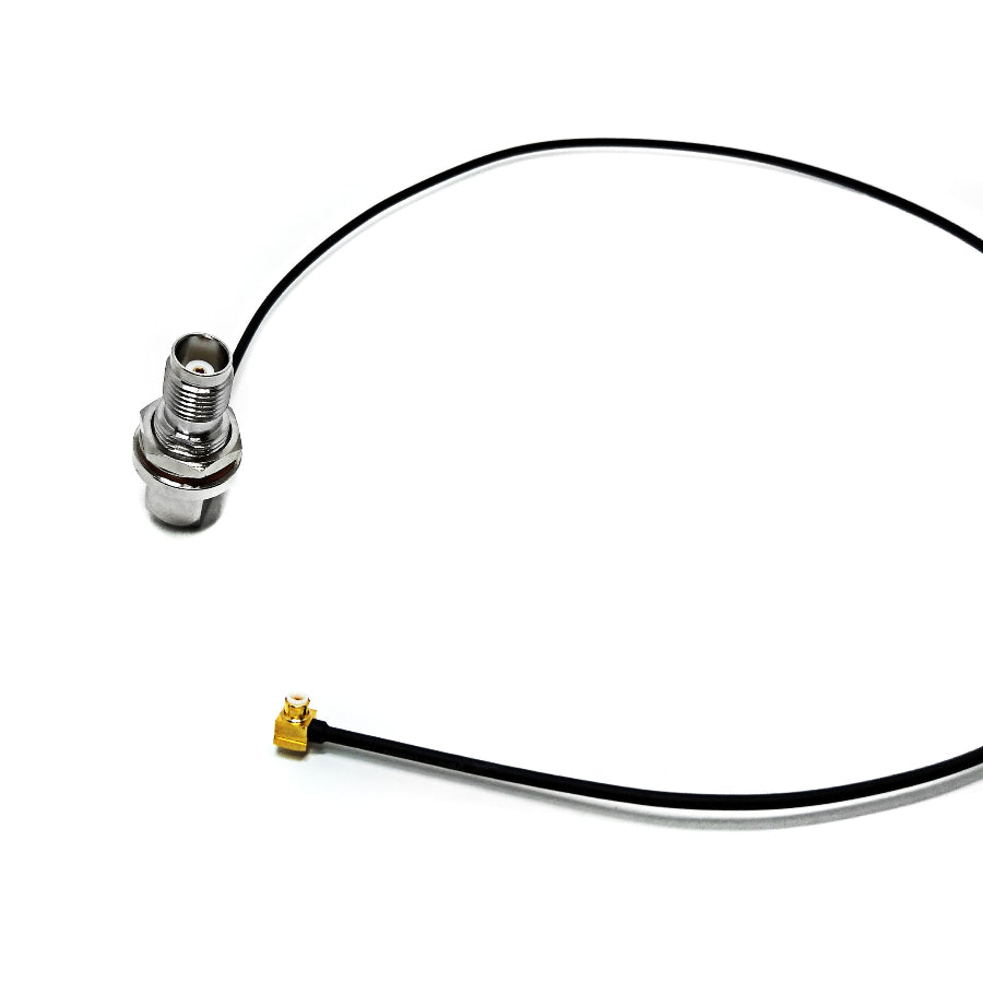 MBX male right-angle to TNC female bulkhead right-angle 0.047 flexible RF coaxial cable assembly, top view
