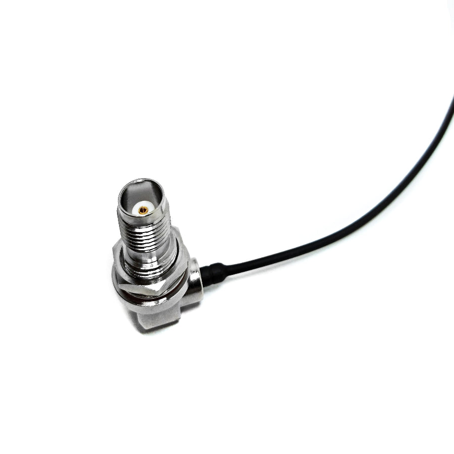 MBX male right-angle to TNC female bulkhead right-angle 0.047 flexible RF coaxial cable assembly, MBX male right-angle view