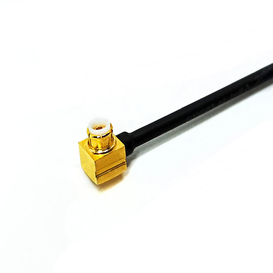 MBX male right-angle to TNC female bulkhead right-angle 0.047 flexible RF coaxial cable assembly, TNC female right-angle view
