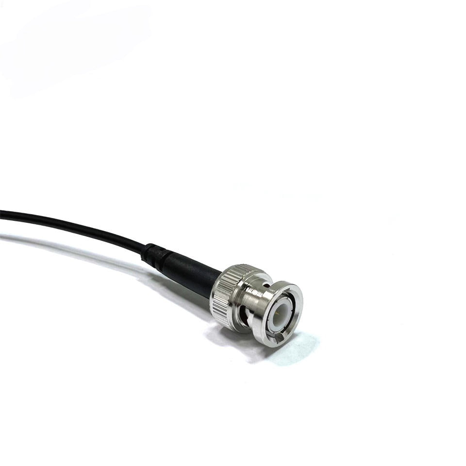 MCX male to BNC male RG174 RF coaxial cable assembly, BNC male plug view