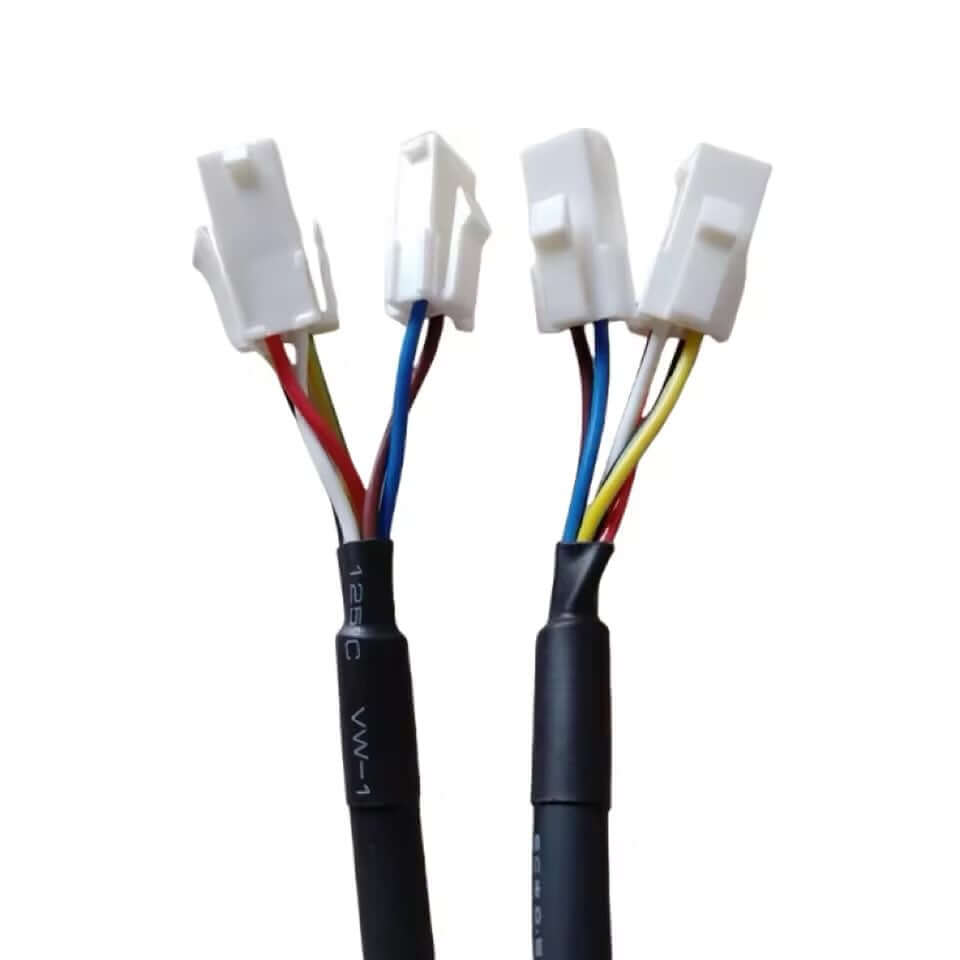 Industrial black servo cable with two white plastic connectors on one end and colorful ring and pin terminals on the other.