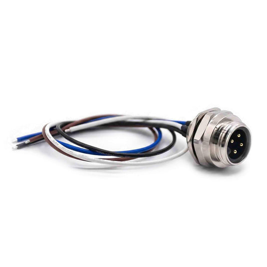 7/8 inch 4-pin male panel mount circular connector with silver metal housing and multi-color discrete wire leads.
