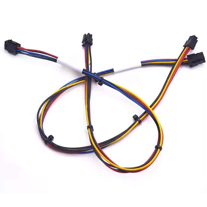 Custom wire harness assembly featuring Molex Micro-Fit 3.0mm 8-pin male plug and color-coded wiring.