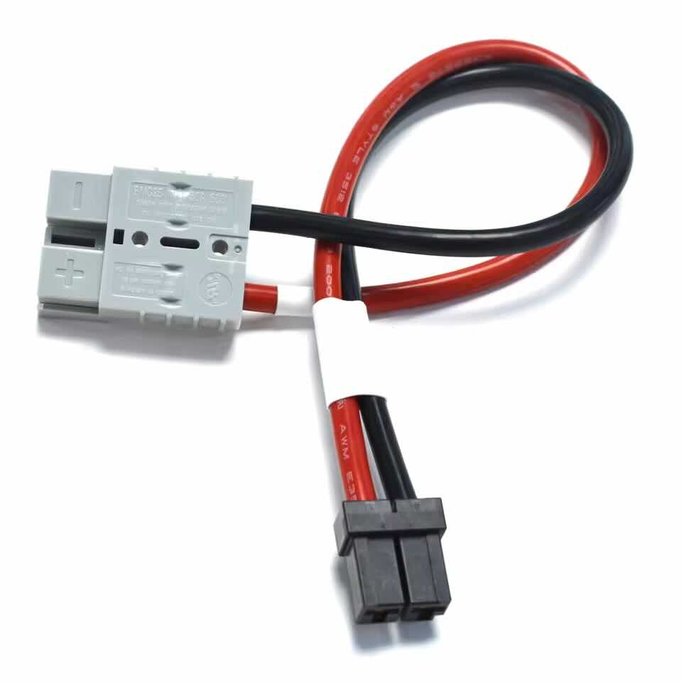 Custom battery wire harness featuring Molex Micro-Fit 3.0 4-pin plug and grey SB50 power connector.