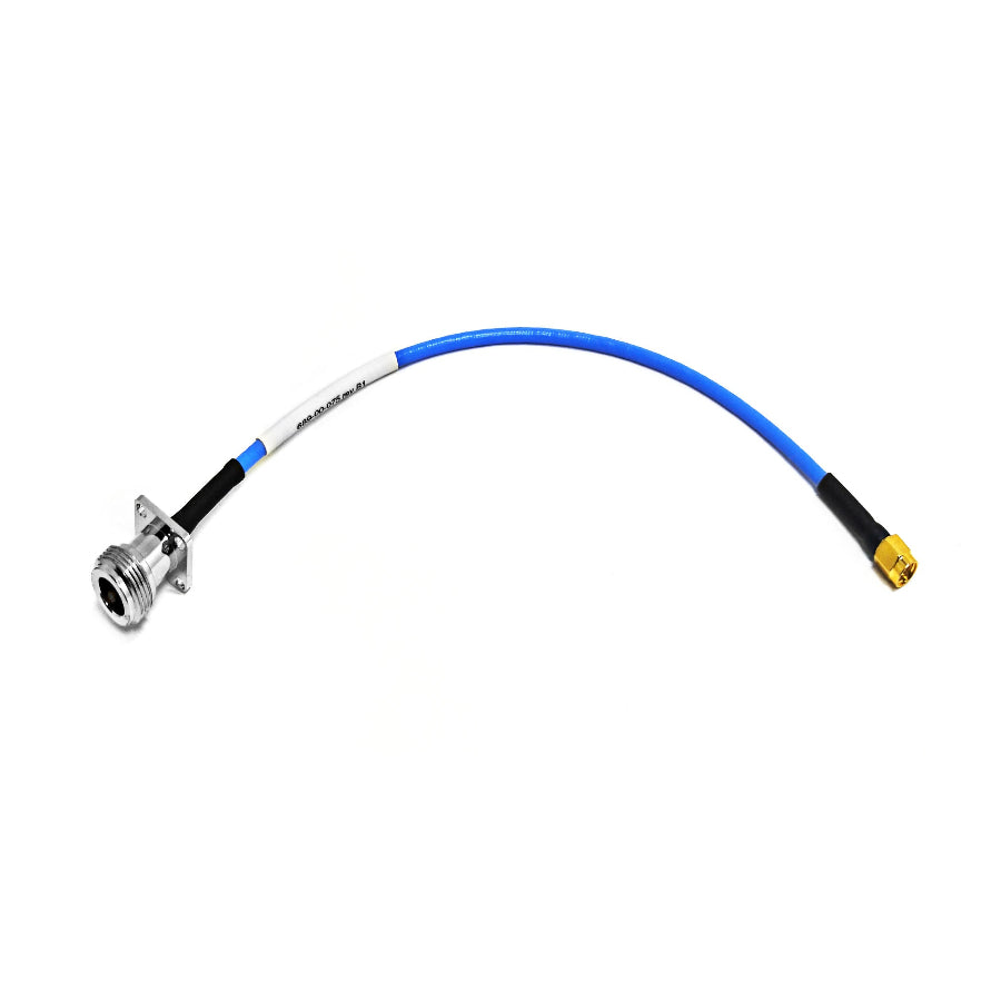 N-Type female 4-hole flange to SMA male RG141 RF coaxial cable assembly, top view