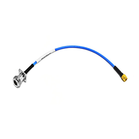 N-Type female 4-hole flange to SMA male RG141 RF coaxial cable assembly, top view
