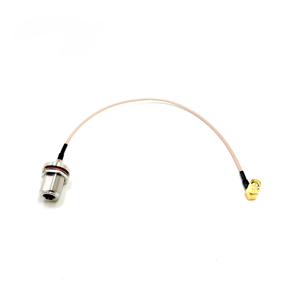 N-Type female bulkhead to SMA male right angle RG316 RF coaxial cable assembly, top view