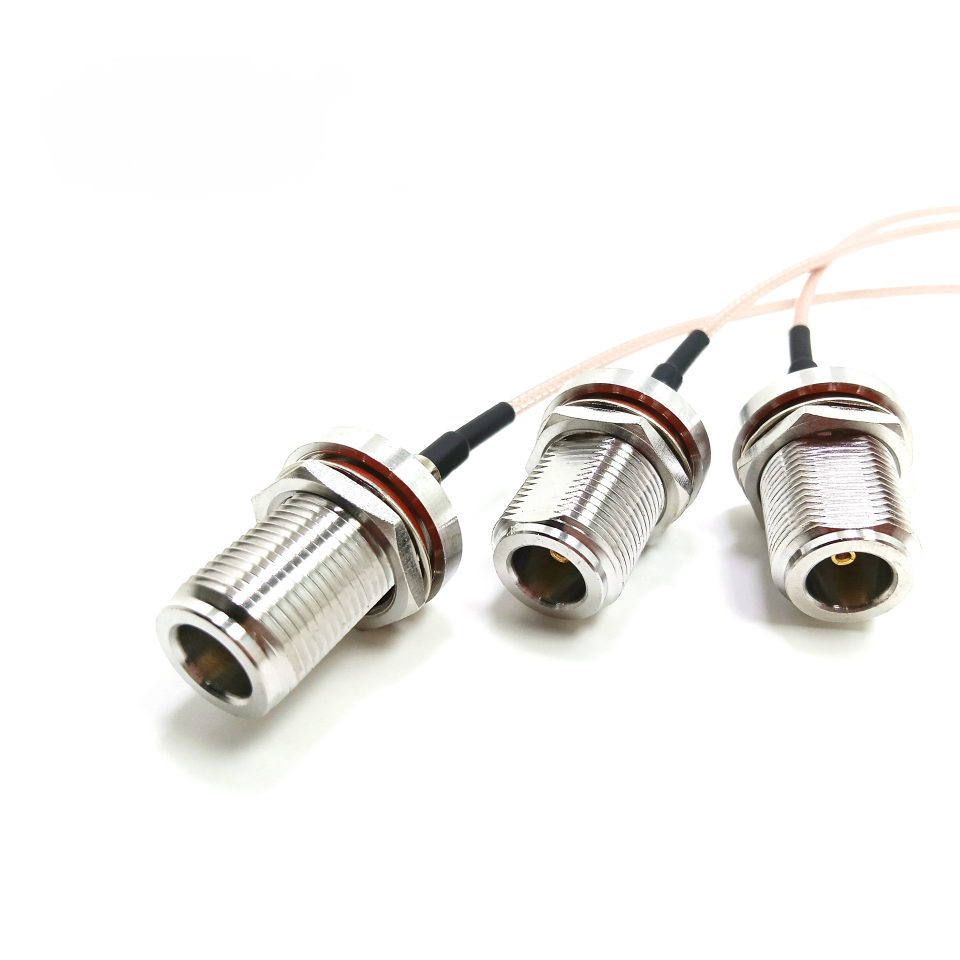 N-Type female bulkhead to SMA male right angle RG316 RF coaxial cable assembly, N-Type female Plug view
