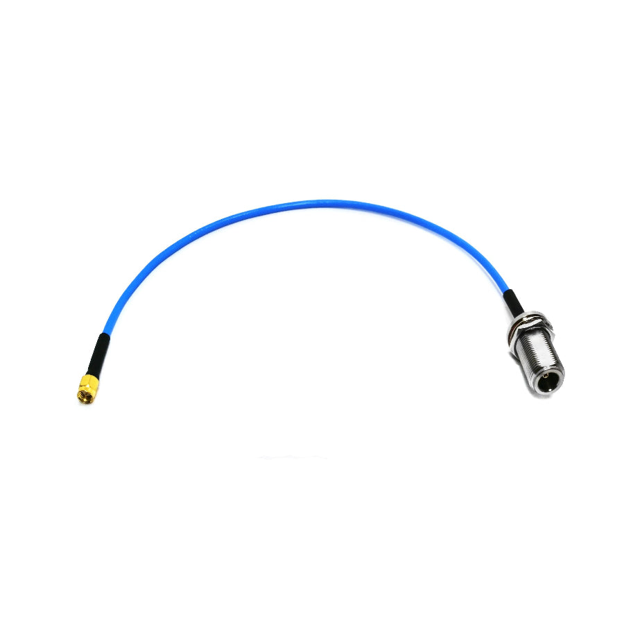 N-Type female bulkhead to SMA male RG141 RF coaxial cable assembly, top view