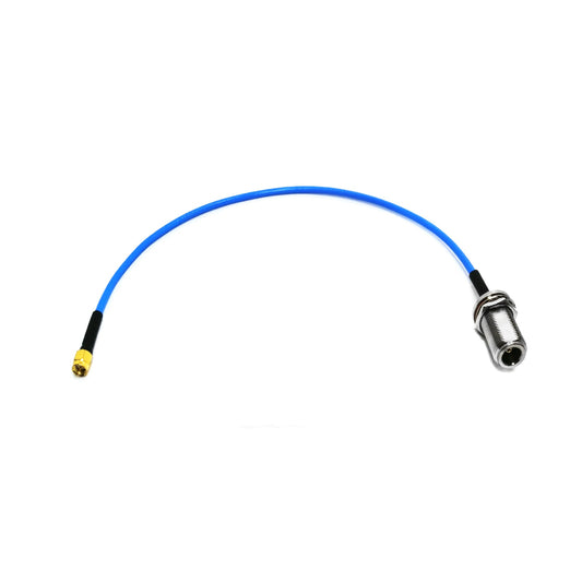 N-Type female bulkhead to SMA male RG141 RF coaxial cable assembly, top view