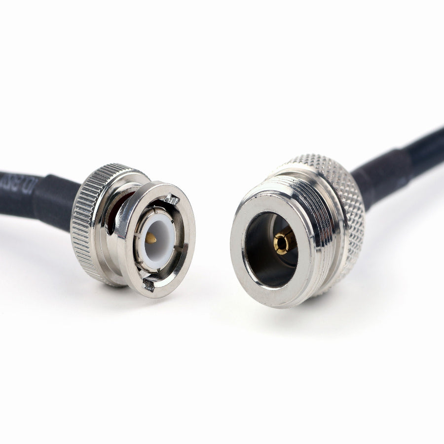 N-Type female jack to BNC male RG58 RF coaxial cable assembly, connector plug view