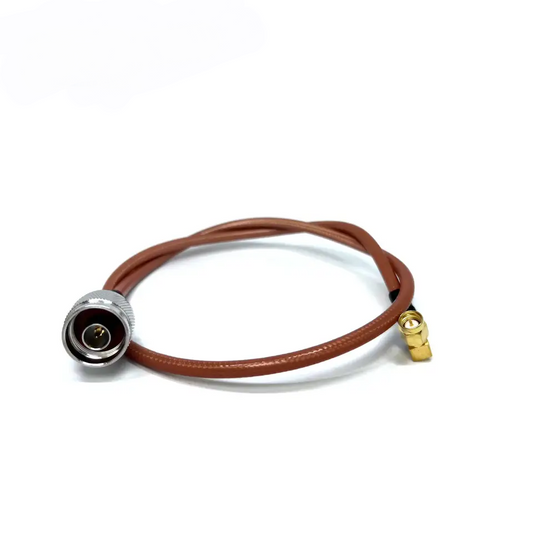 N-Type male to SMA male right-angle RG142 RF coaxial cable assembly, front view