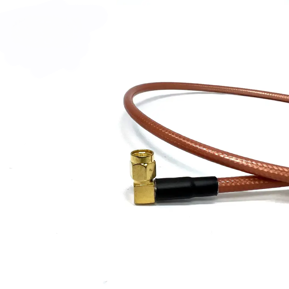 N-Type male to SMA male right-angle RG142 RF coaxial cable assembly, SMA male right angle view