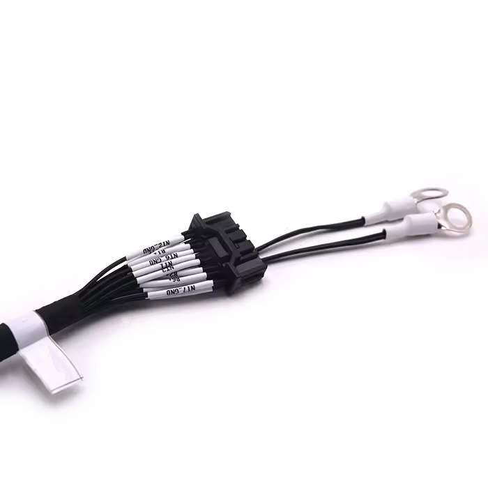 Custom BMS cable assembly with black connector block and ring terminals for voltage sensing.