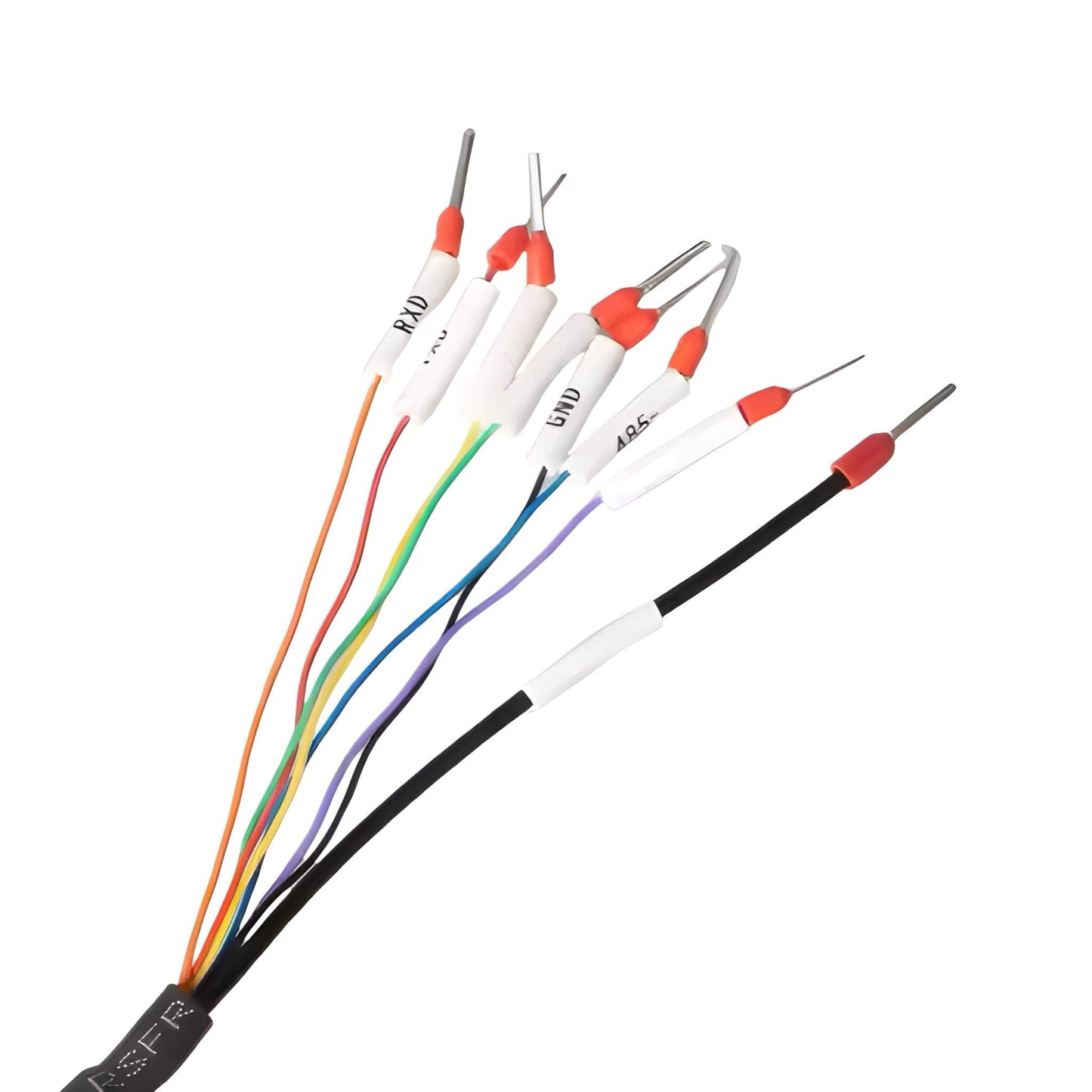 Industrial black 8-core cable assembly with a specialized square TE Connectivity Mini I/O plug and labeled individual wire leads.