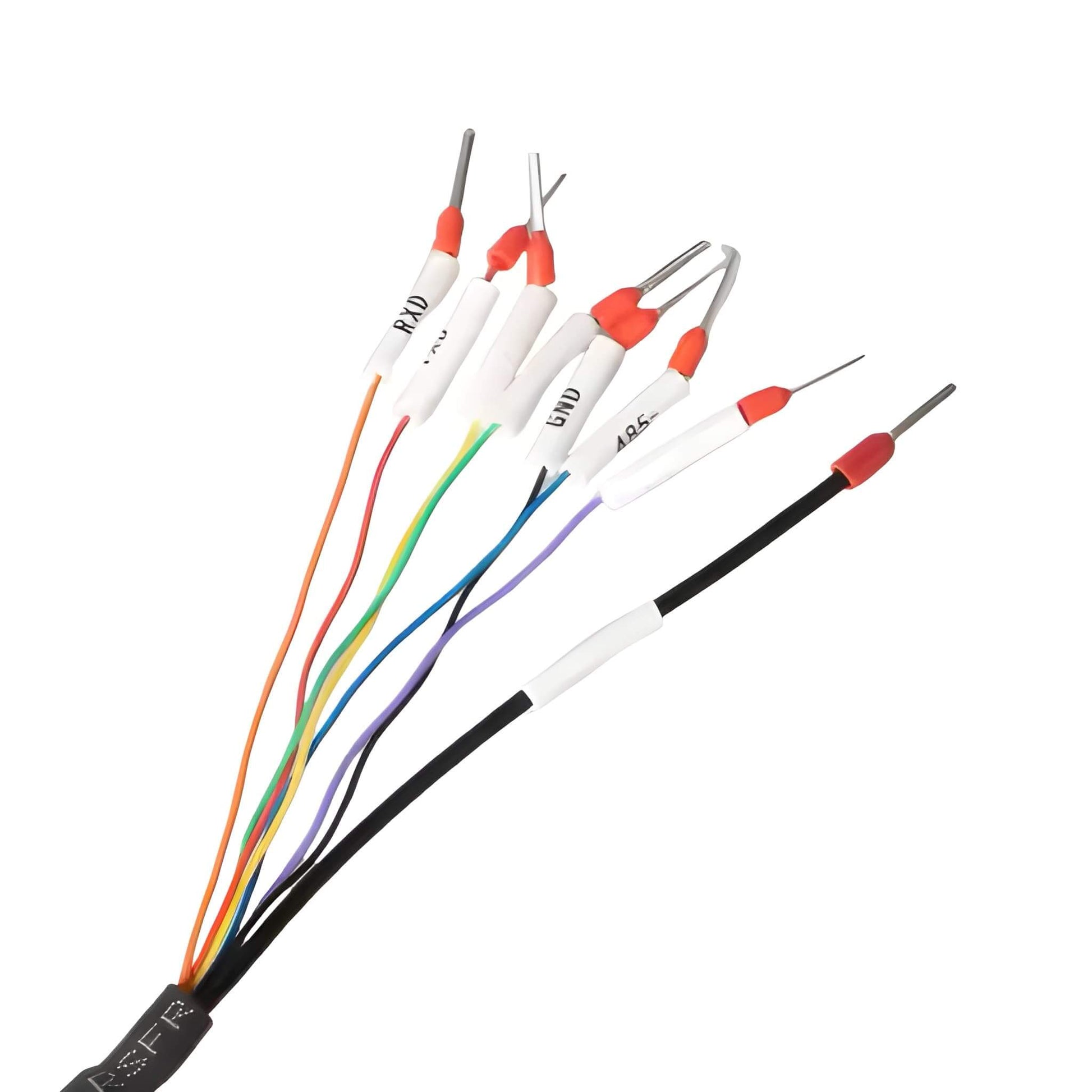 Industrial black 8-core cable assembly with a specialized square TE Connectivity Mini I/O plug and labeled individual wire leads.