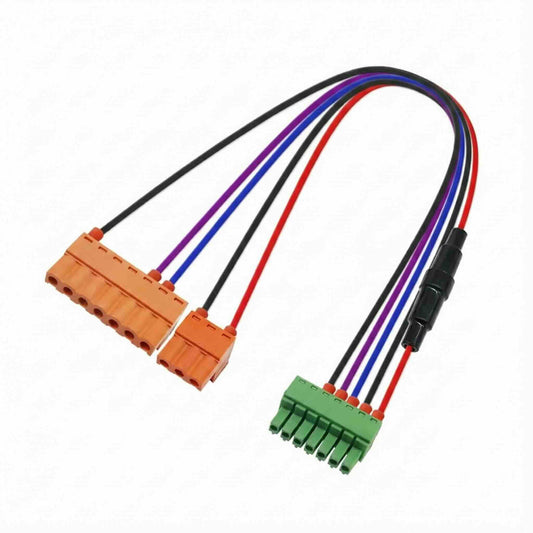 Waterproof wire harness assembly with 3-pole and 7-pole screw terminal terminations for control systems.