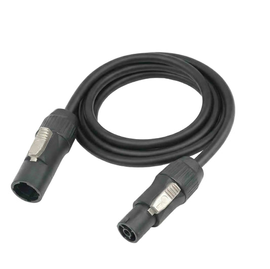 Industrial Powercon TRUE1 TOP cable assembly with black and yellow weather-sealed locking connectors.