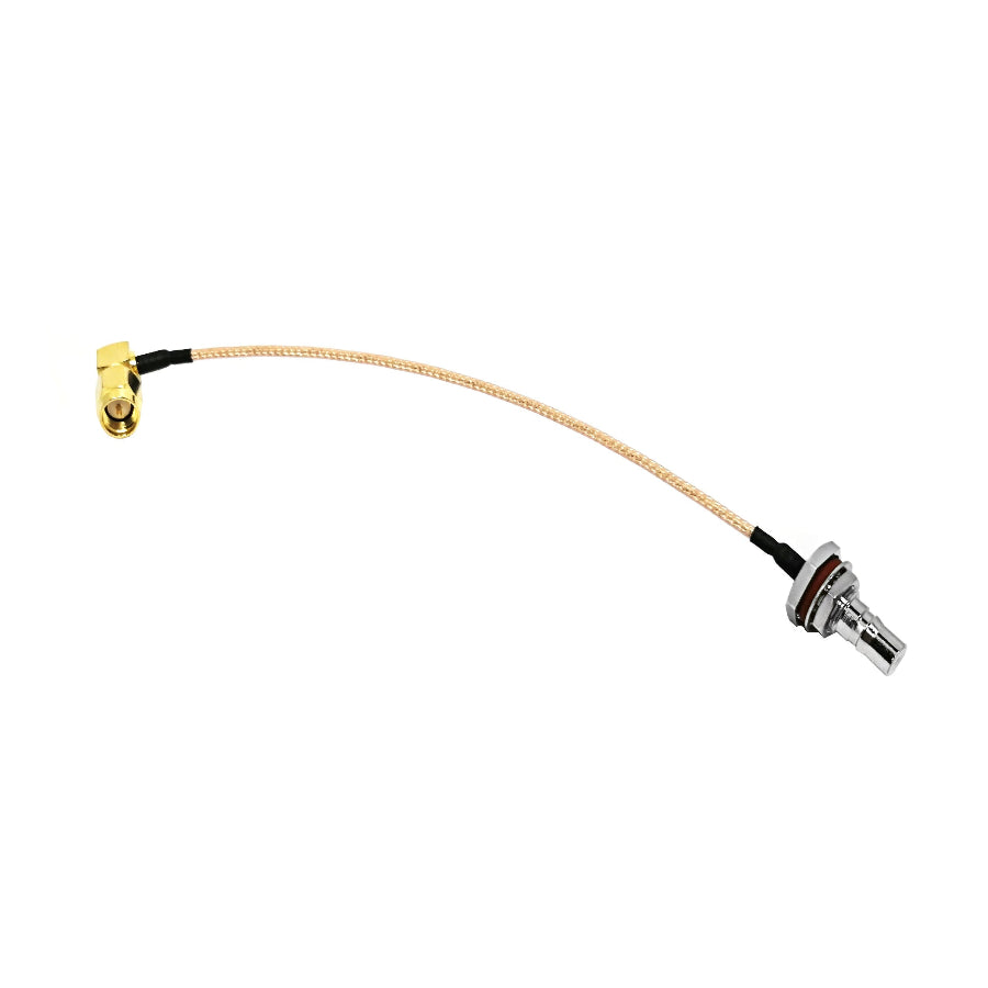 QMA female to RP-SMA male right-angle RG316 RF coaxial cable assembly, Top view