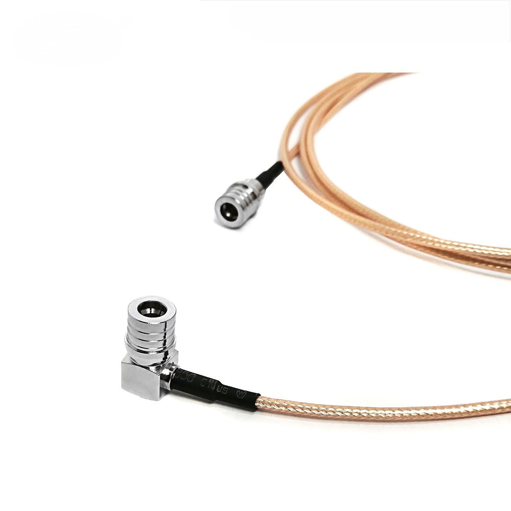 QMA male to QMA male right angle RG316 RF coaxial cable assembly, top view