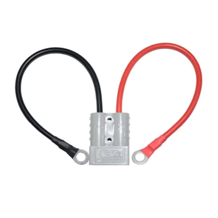 Top-down view of 50A 600V grey battery connector attached to red and black cables with O-ring terminals.